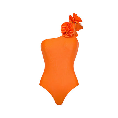 Oblique Shoulder Flower One-piece Swimsuit