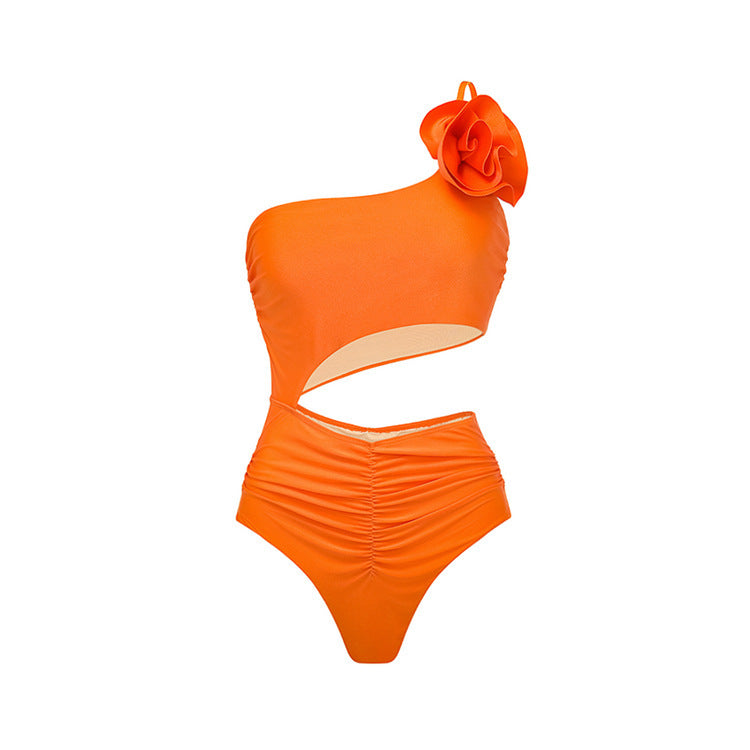 Oblique Shoulder Flower One-piece Swimsuit