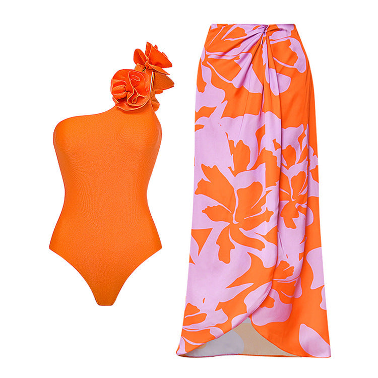 Oblique Shoulder Flower One-piece Swimsuit