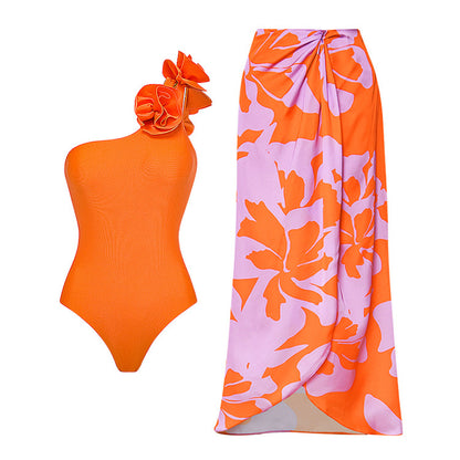 Oblique Shoulder Flower One-piece Swimsuit